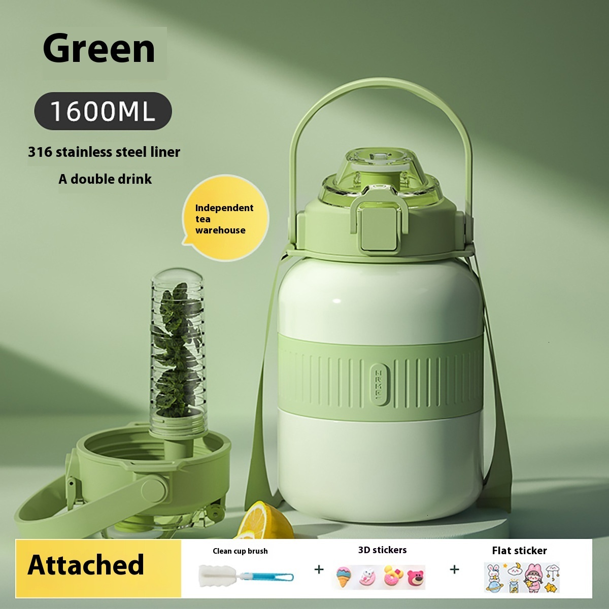 2000ml Large Capacity Portable Water Cup with Tea Separating Straw