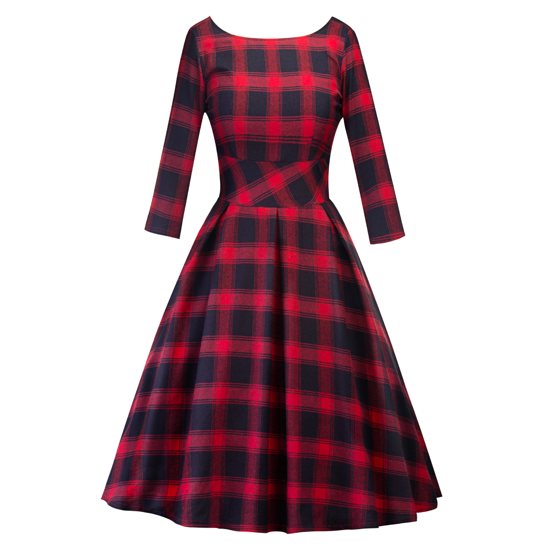 Charming Red Plaid Hepburn Design Women's Midi Dress with Classic Round Neck for Spring/Autumn Wear