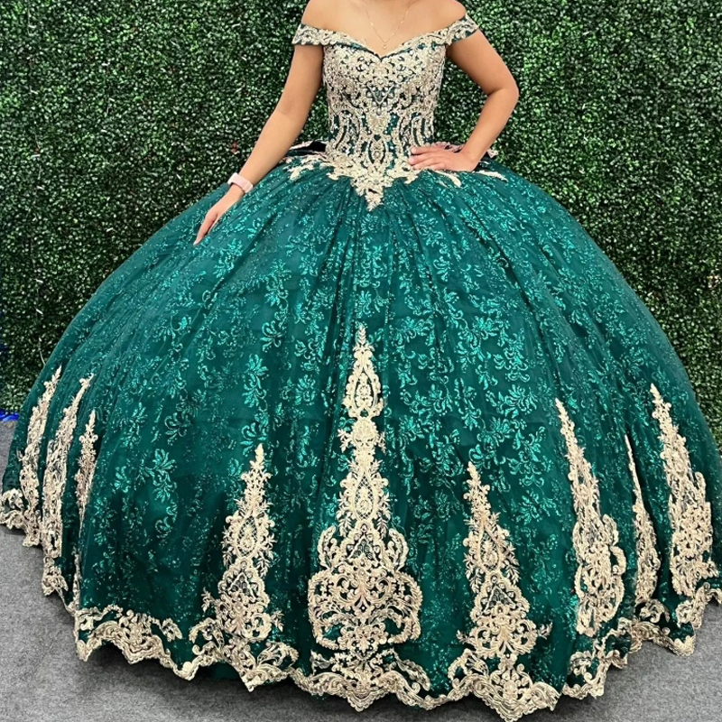 Emerald Green Princess Quinceanera Dress Gold Appliques Lace Bride Robe Corset Floor-length Vestidos 15 De Novia Sweet 16 Dress