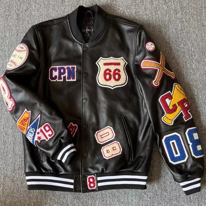 Bomber Leather Jacket Men Motorcycler Flocking Embroidery Loose Biker PU Baseball Jackets Mens Y2k High Street Racing Coat 240809