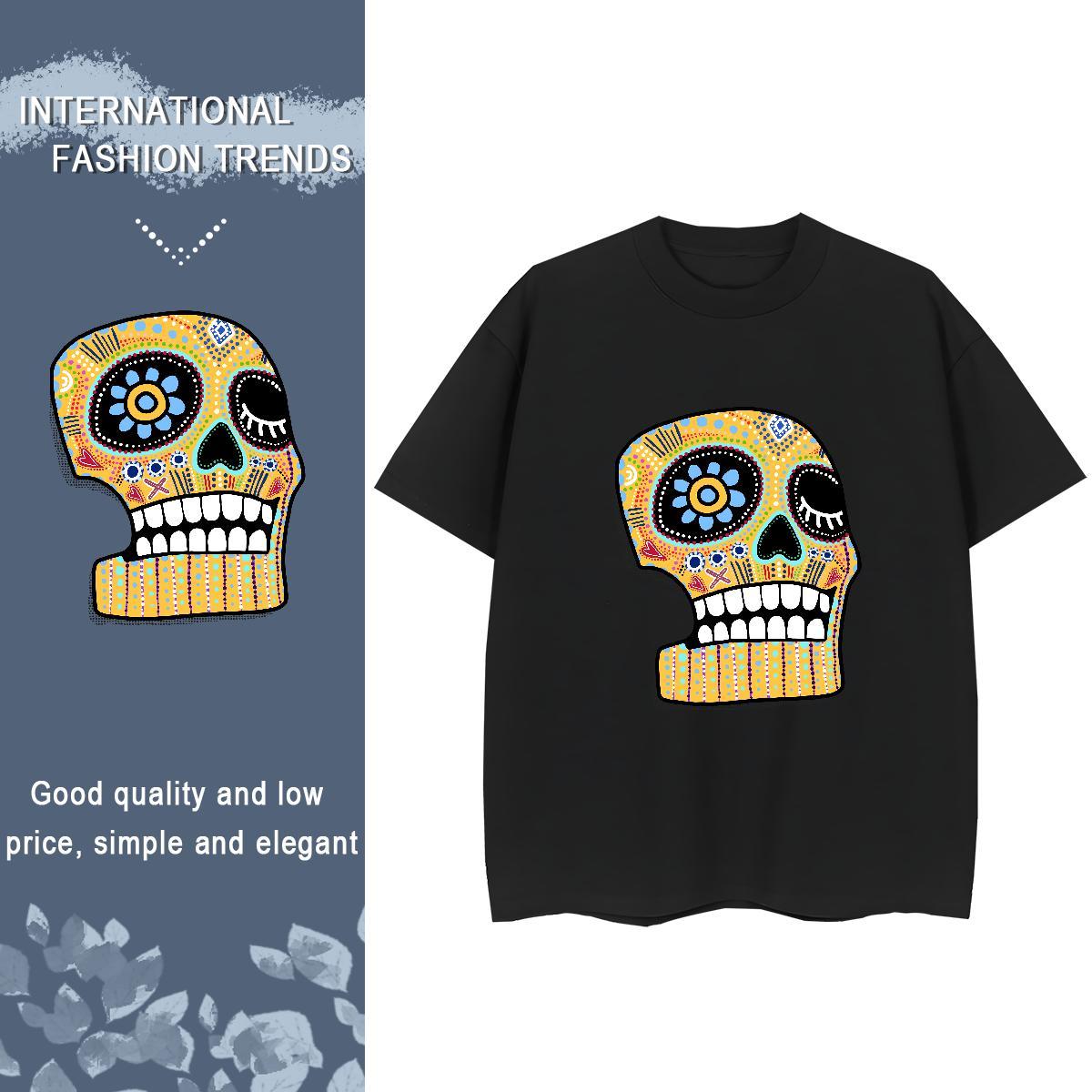Fashion Casual T Shirt For Woman 230g Pure Cotton Breathable Short Sleeve Casual Beach skull Unisex Tshirts Female DIY Printed Tops