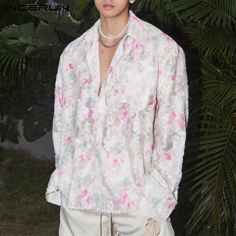 Men Shirt Floral Printing Lapel Long Sleeve Casual Men Clothing Streetwear Loose Korean Style Fashion Shirts S-5XL INCERUN 240816