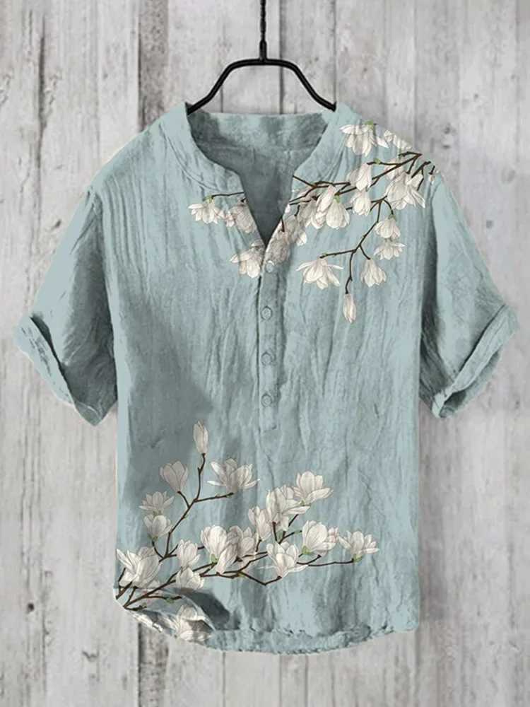 Spring and summer new bee print V-neck short sleeved shirt casual loose fitting long socks linen topW240726