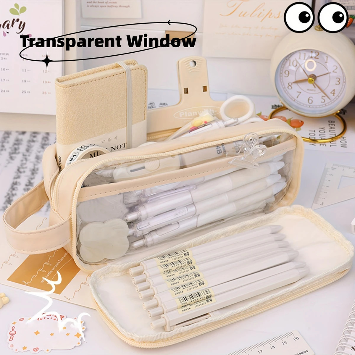 Large Capacity Clear PVC Pencil Case Transparent Waterproof Zippered Pen Pouch Stationery For Student Desk Storage Organization 240816