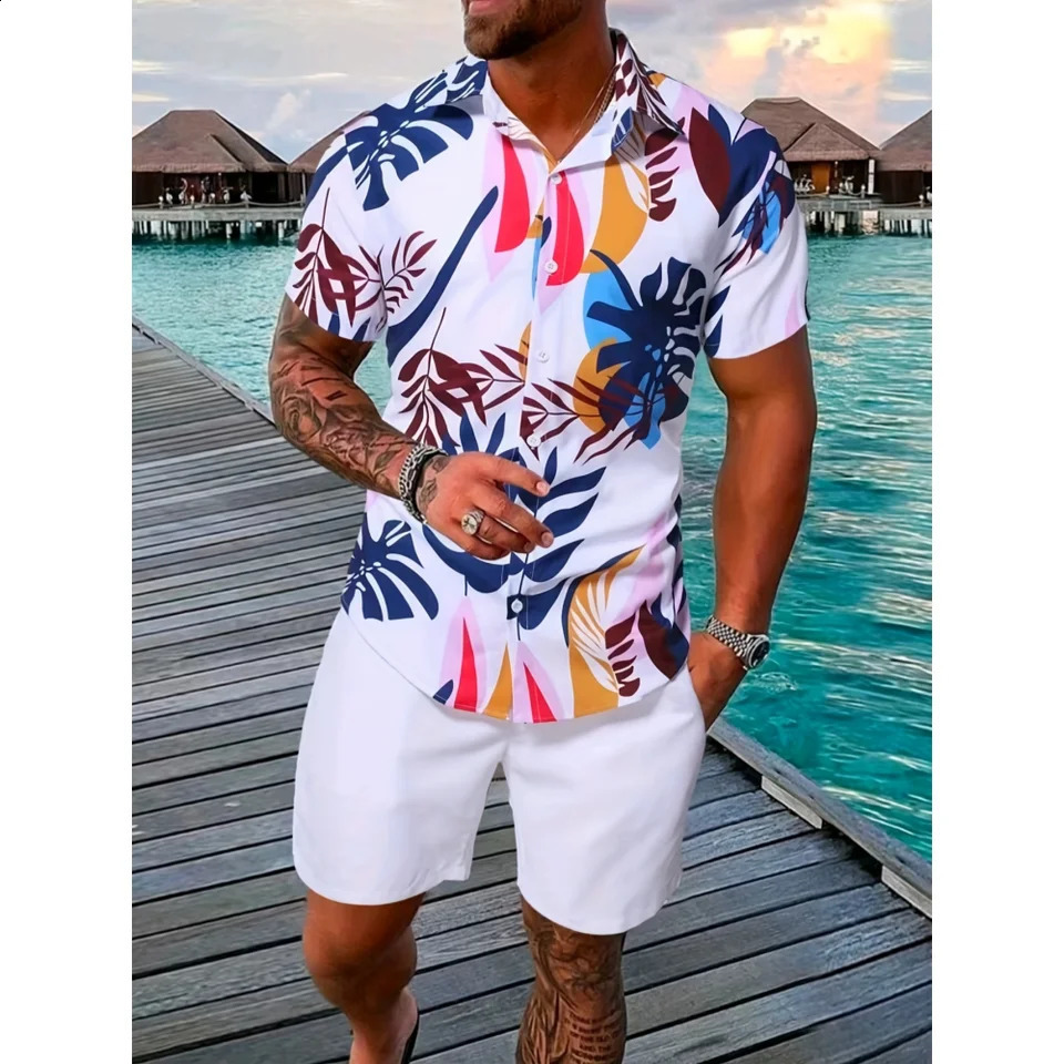 MenA Spring And Fall 2-Piece Beach-Style Short-Sleeved Button-Down Lapel T-Shirt Shorts drawstring Casual Business Sports suit 240816