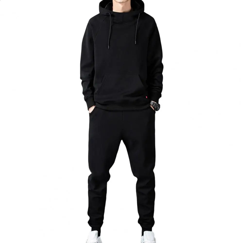 1 Set Men Hoodie Pants Solid Color Ribbed Cuff Jogger Suit Autumn Winter Loose Fit Sweatshirt Sweatpants Sportswear Set 240816