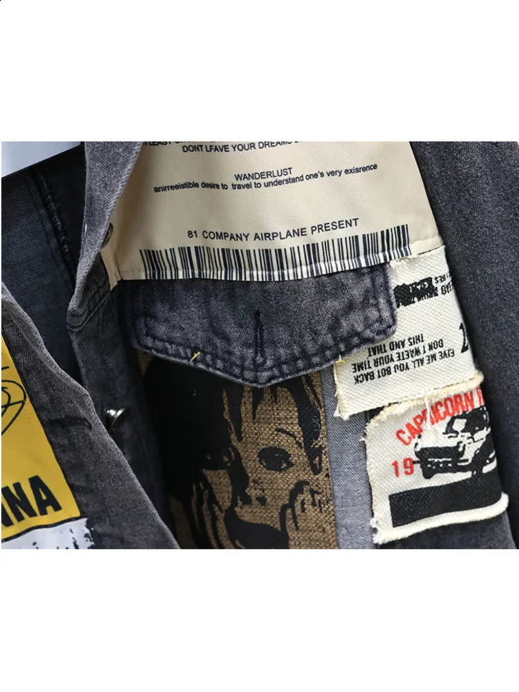 Vintage full sleeve decal spaper pattern largesized black denim jacket casual trend autumn 240814