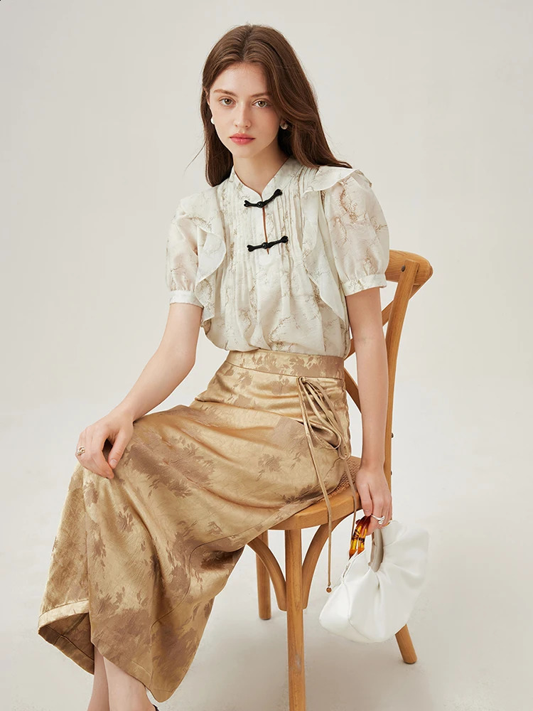 FSLE Stand collar Chinese style womens summer thin short sleeved shirt with fungal edge design chiffon 24FS12459 240814