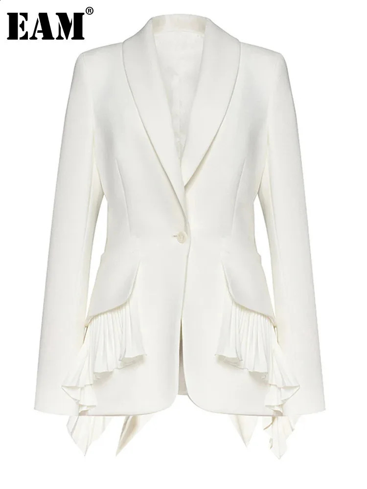 Womens white irregular pleated elegant jacket with ruffles lapel long sleeved fashionable and trendy spring autumn 1DH4840 240814