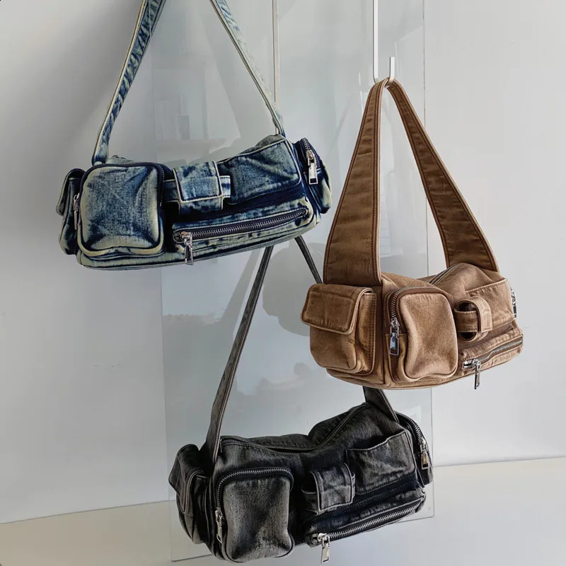Women Denim Crossbody Bag Casual Large Capacity Shoulder Bag Vintage Solid Color Messenger Bag Multi-Pockets Zipper Commute Bag 240816
