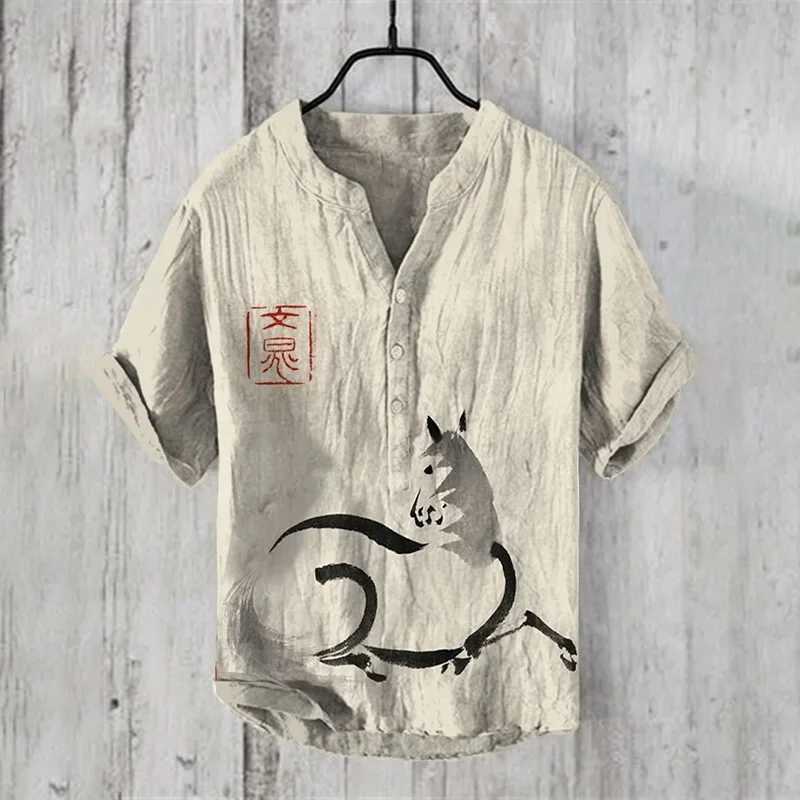 Spring and summer new bee print V-neck short sleeved shirt casual loose fitting long socks linen topW240726