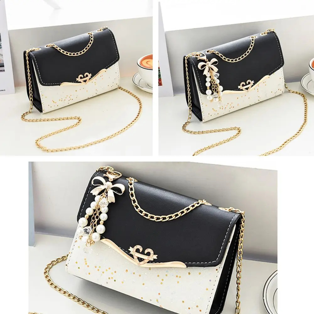 Elegant Women Shoulder Bag Sequin PU Leather Messenger Fashion Pearl Sling Chain Single Korean Mobile Phone y240823