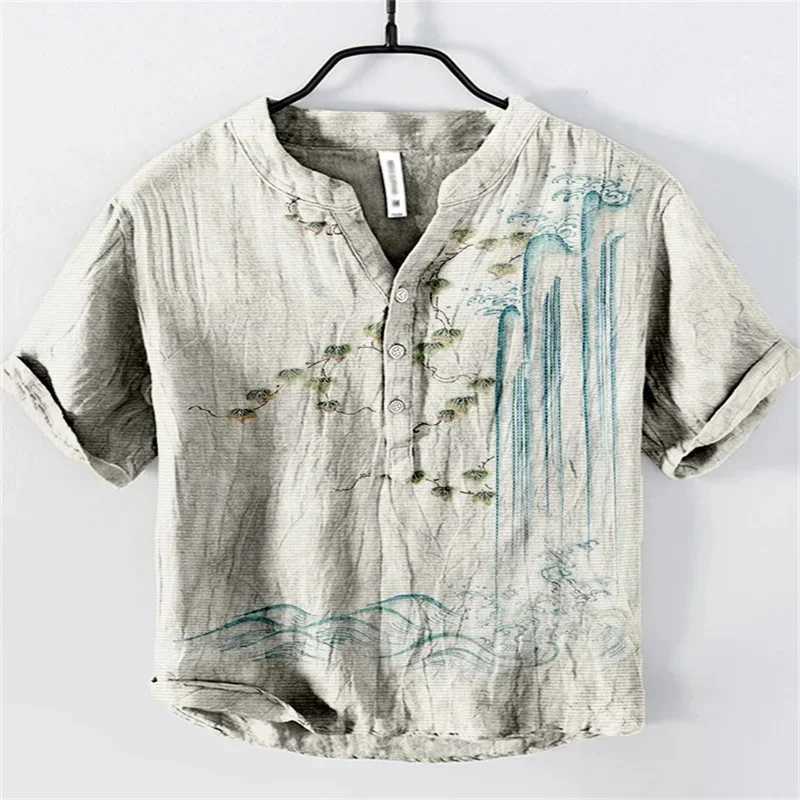 2024 new linen shirt 100% mens Japanese art landscape ink bamboo bird fish 3D printing fashion casual Henry V-neck shirtW240726