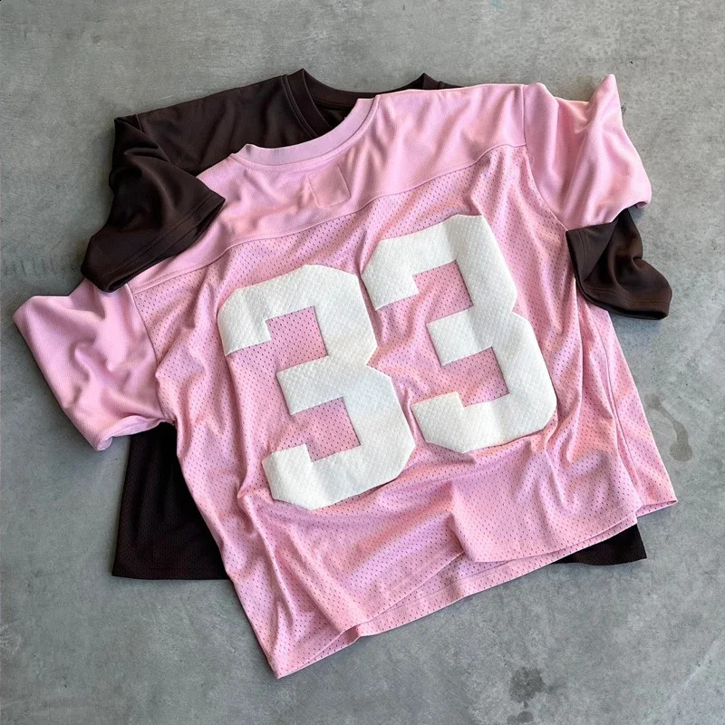 33 Oversized Pink Jersey University Street Style T-Shirt Suitable For Womens Fashion Couple Sportswear Mesh Quick Drying Football Y2k Top 2
