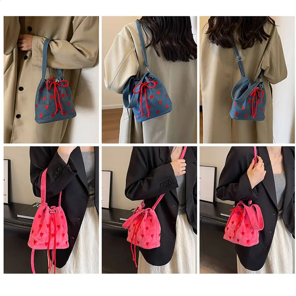 Fashionable Denim Style Shoulder Bag Cute Heartshaped Patterns Printed Crossbody Large Capacity Ladies Reusable Bags y240816