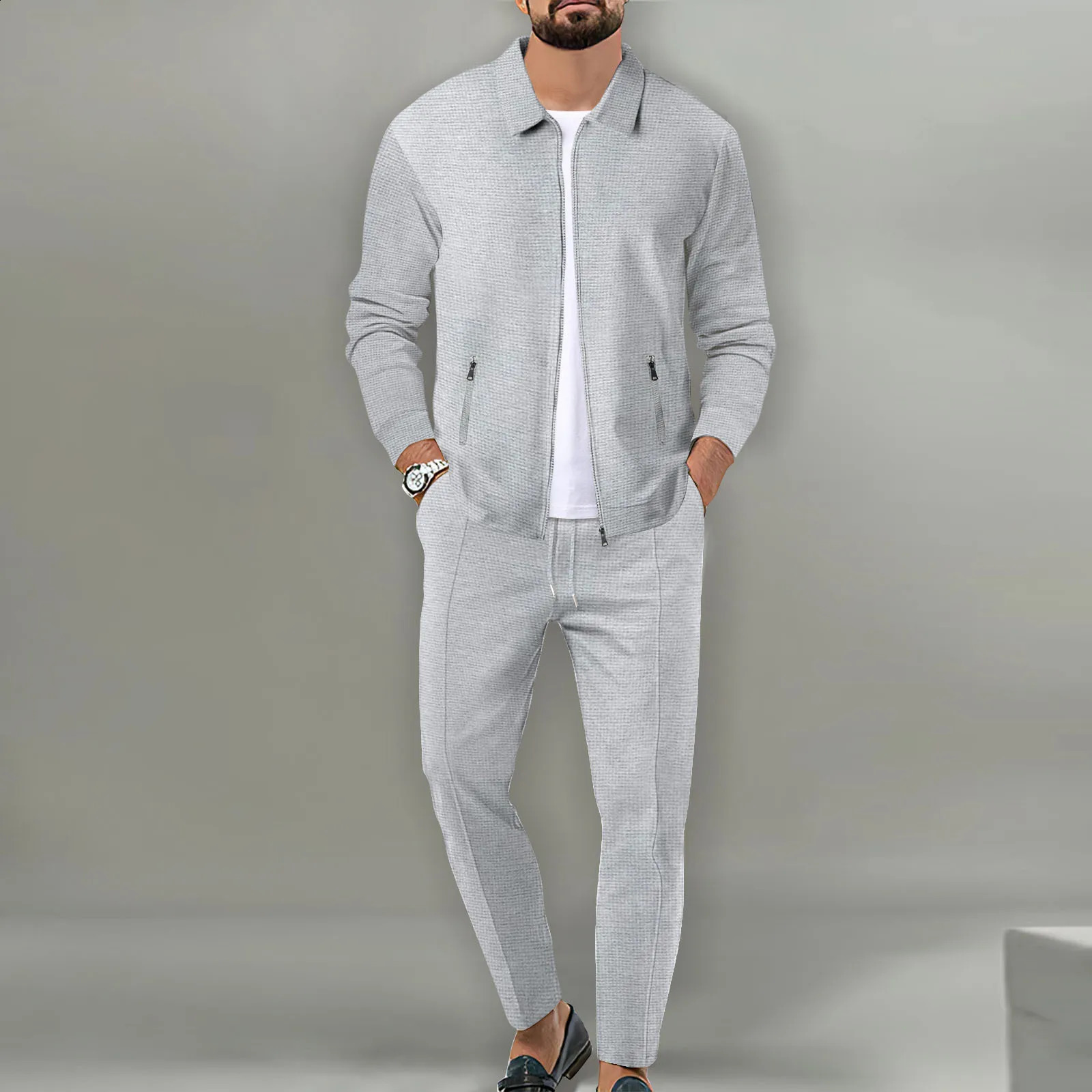 Spring/Summer Mens Two piece Breathable Waffle Grid Zipper Pocket Flip Collar Slim Fit Cardigan Coat and Pants Mens Set 240827
