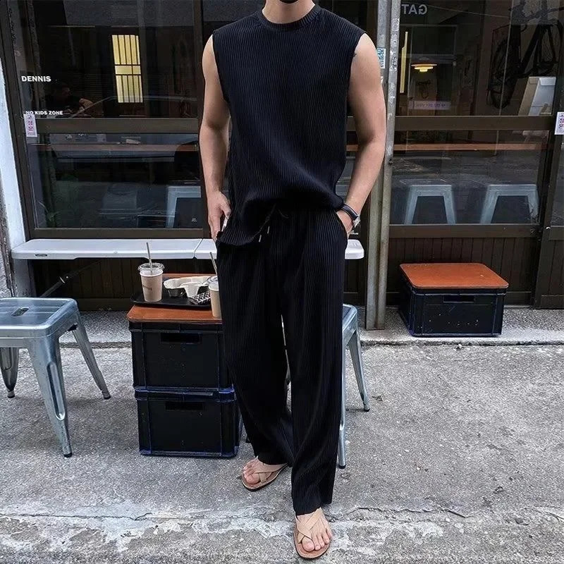 Summer Clothing Mens Casual Tank Tops Set Korean Streetwear O Neck Solid Drape VestTrousers 2 Piece Suit 2024 240809