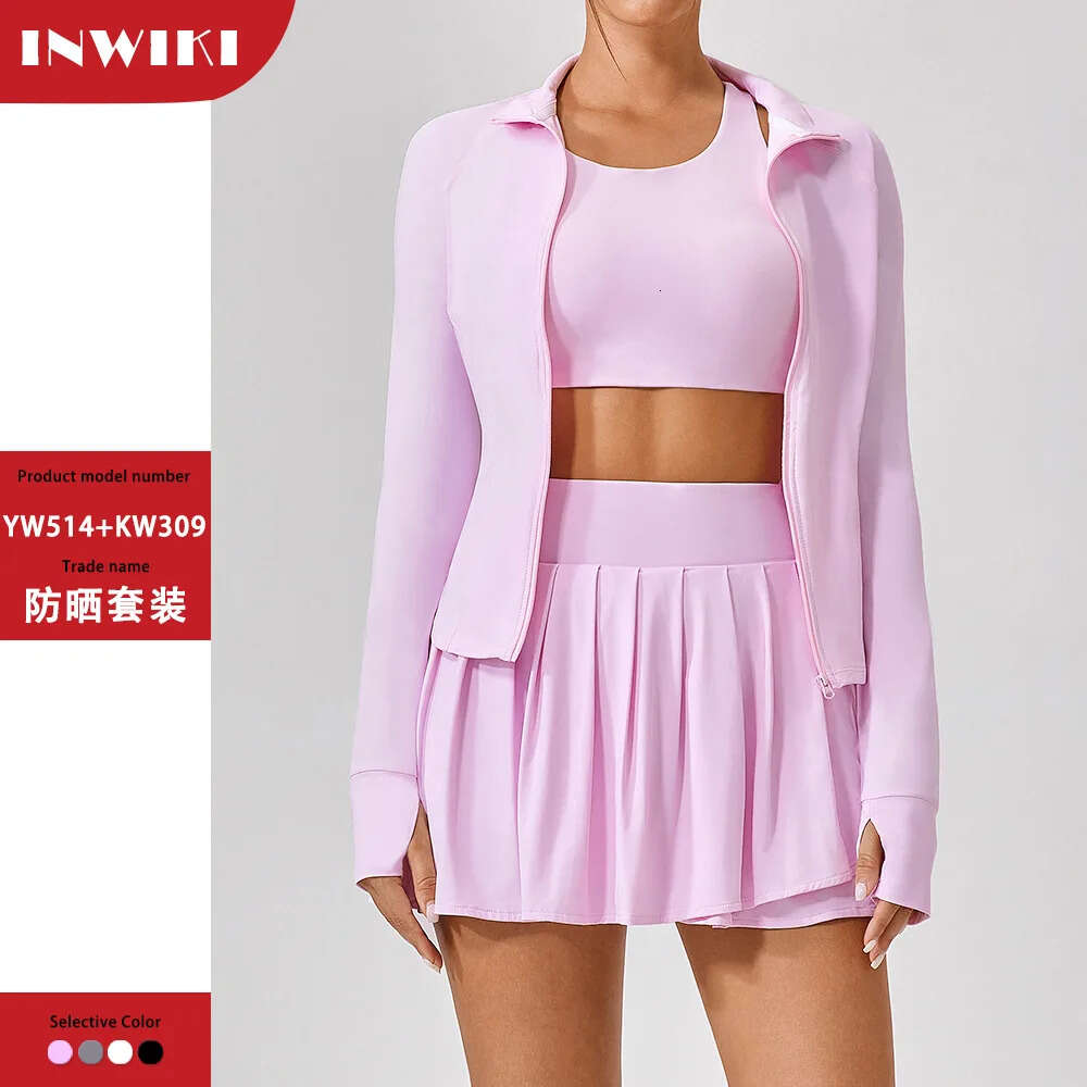 Tennis Summer Outfit Women Sun Protection Jacket Yoga Sport Bra Pleated Skirt with Shorts Underneath Badminton Skort Golf Wear