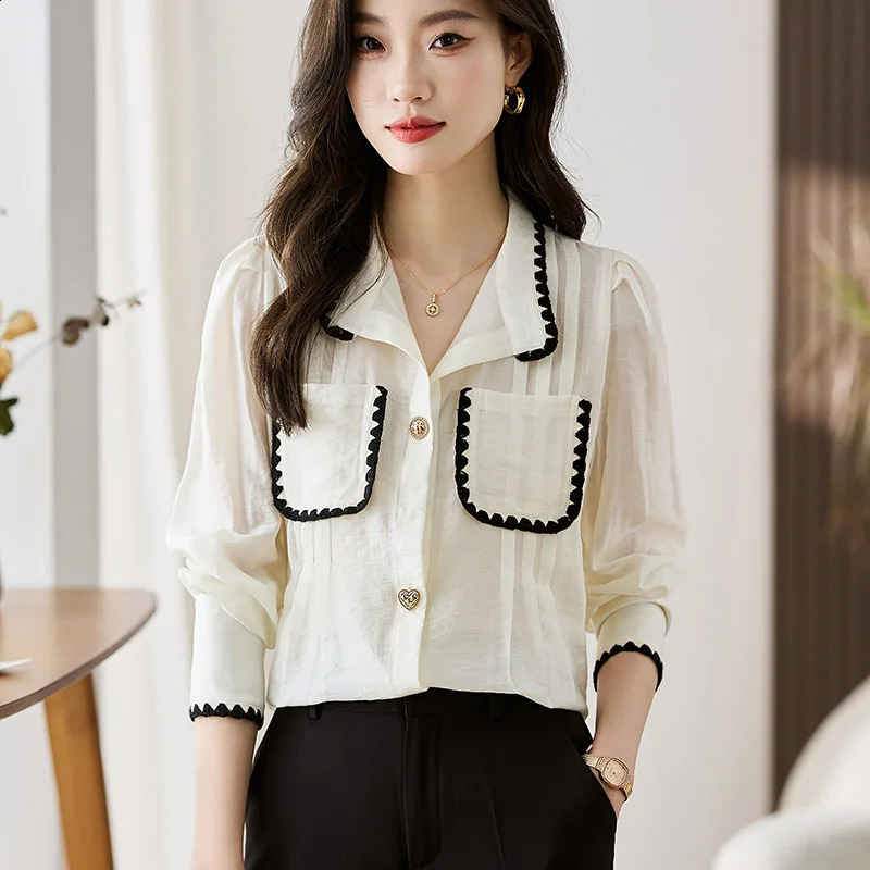 Women Clothing Fashion Turn-down Collar Long Sleeve Blouse Autumn Loose Office Lady Chiffon Shirts Casual Solid Button Tops 240816