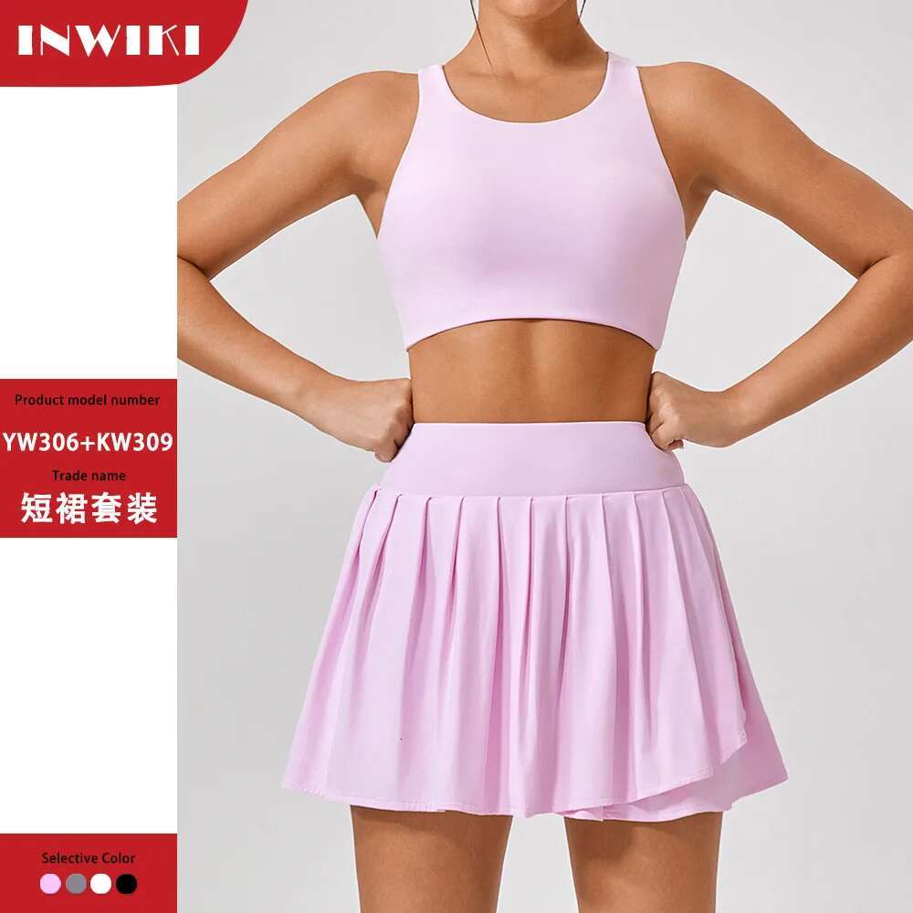 Tennis Summer Outfit Women Sun Protection Jacket Yoga Sport Bra Pleated Skirt with Shorts Underneath Badminton Skort Golf Wear