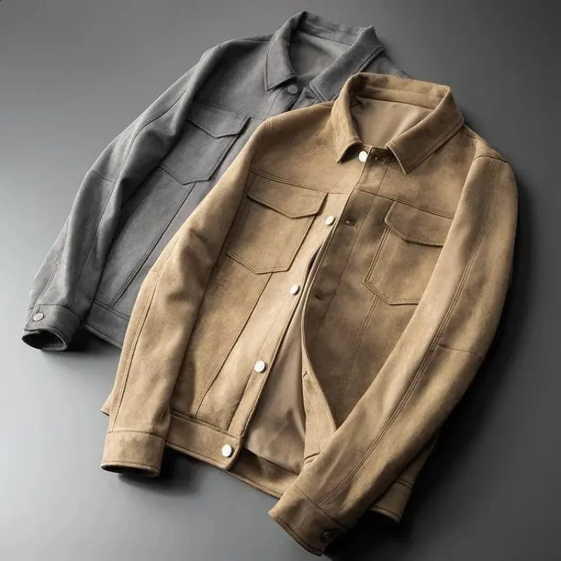 Suede Leather Mens Jacket Spring Business Casual Vintage Cargo Short Jacket Retro Slim Fit Autumn British Resistant Outwear 240816