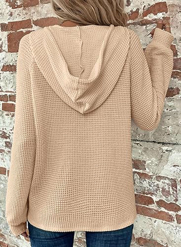 Dokotoo Hoodies for Women Waffle Knit Drawstring Button V Neck Long Sleeve Casual Pullover Sweatshirt Hooded Tops