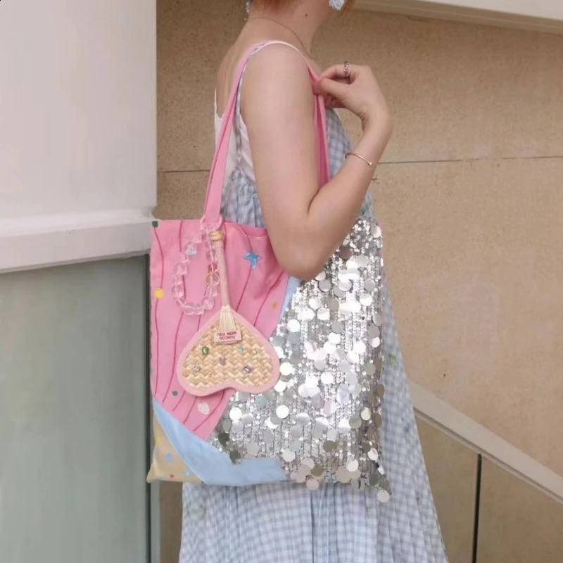 Fashion Chic Star Embroidery Canvas Bags Sequined Patchwork Personality Underarm Bag Harajuku Grunge Y2k Shoulder Handbags Women 240816