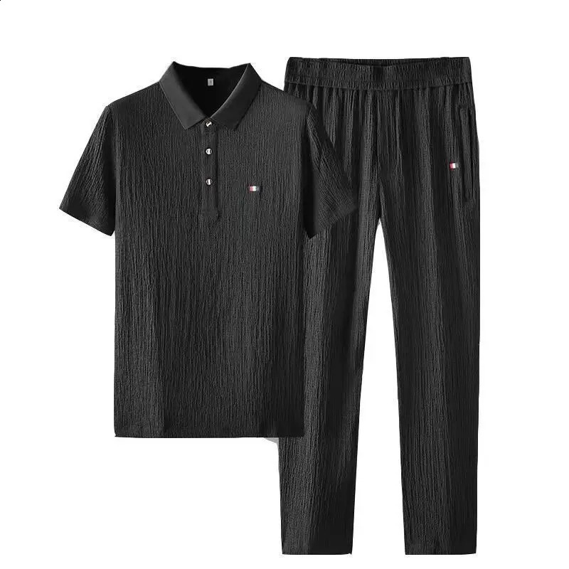 Summer mens classic solid color short sleeved two-piece set mens casual loose high-quality sportswear 240827