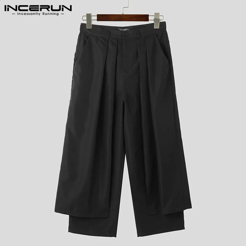 INCERUN Mens Irregular Pants Solid Color Jogger Loose Button Fold Casual Wide Leg Street Clothing Fashion w240816