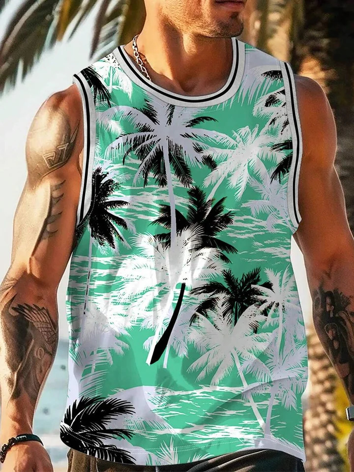 Hawaiian style palm tree vest mens summer casual sleeveless T-shirt mens holiday beach party casual top 240816