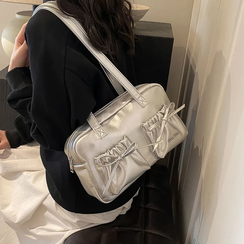 HAEX Y2K Womens Shoulder Bag Fashion ner Silver Bow Boston Handbag y Full Set Competition Day Bolso Mujer 240817