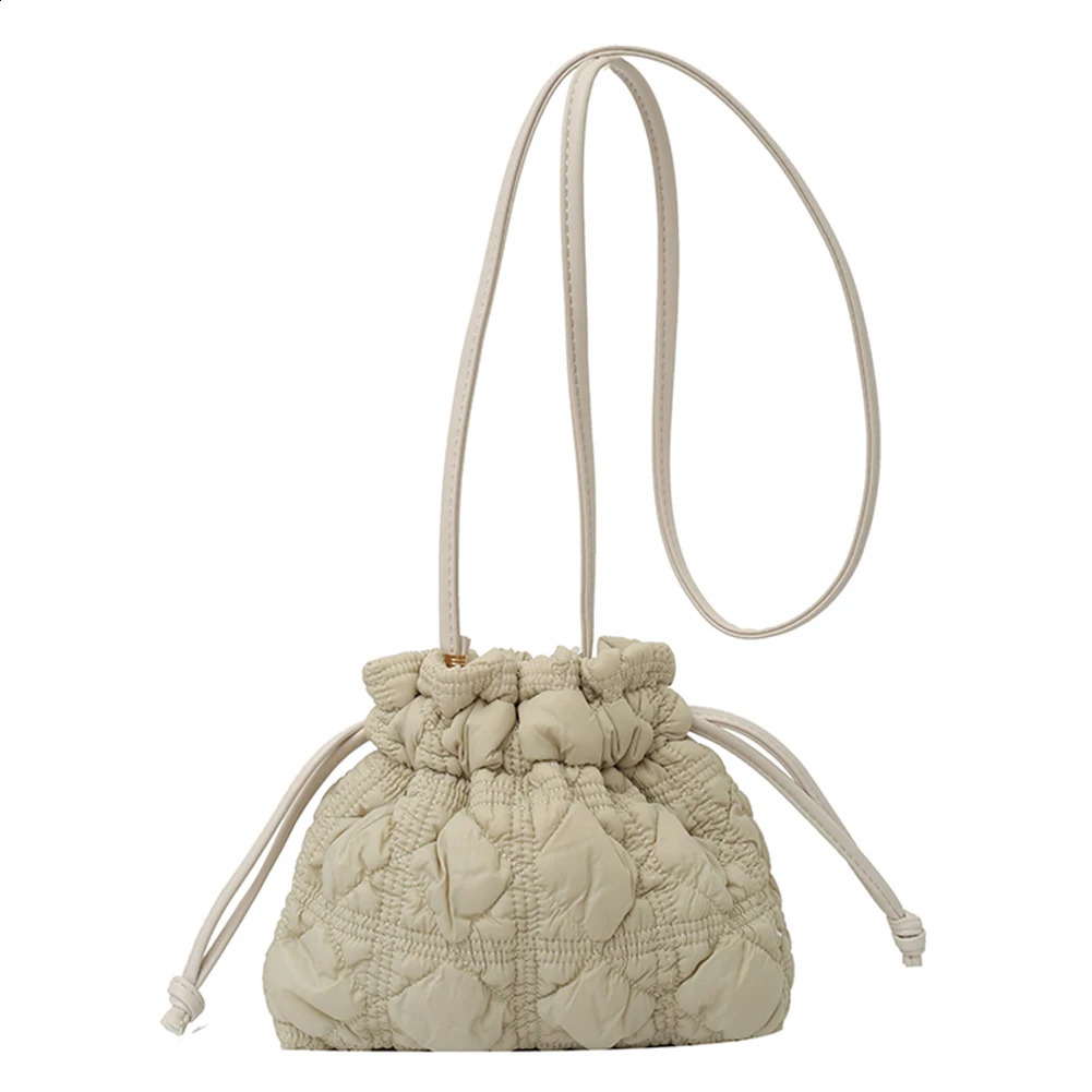 Women Puffer Bucket Bag Detachable Strap Drawstring Shoulder Bags Solid Color Quilted Crossbody for Outdoor Travel 240816
