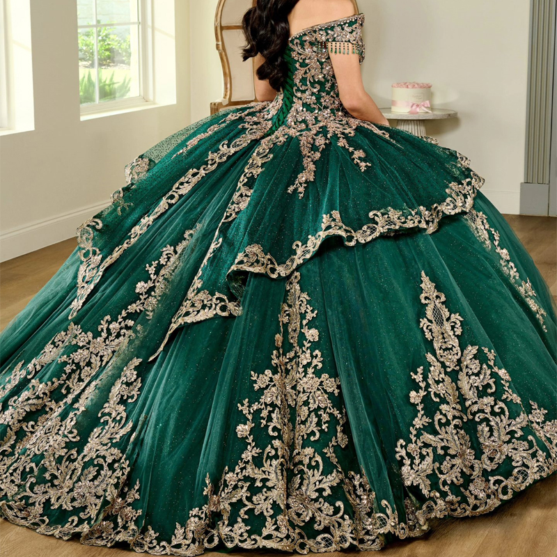 Green Emerald Shiny Princess Ball Gown Quinceanera Dresses Mexico Gold Appliques Lace Beads Birthday Party For Th Girls D