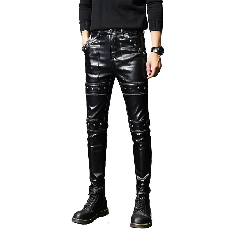 Idopy Mens Artificial Leather Pants Punk Style Tight Party Stage Performance Stud Nightclub Steampunk PU Trouser with Rivet 240816