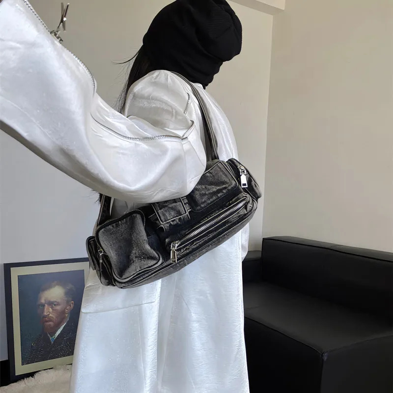 Women Denim Crossbody Bag Casual Large Capacity Shoulder Bag Vintage Solid Color Messenger Bag Multi-Pockets Zipper Commute Bag 240816