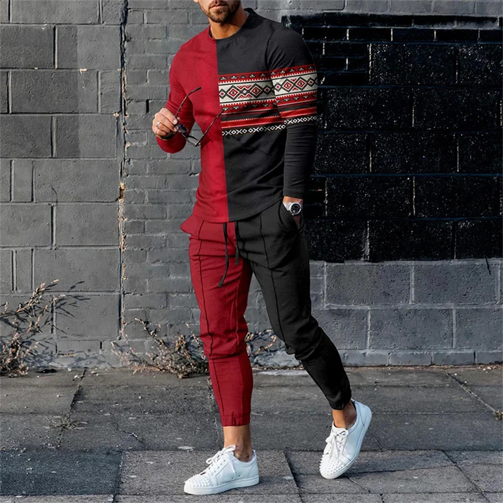 Autumn retro ethnic style 3D printed mens sportswear set long sleeved T-shirt pants 2-piece set oversized floral mens clothing 240827