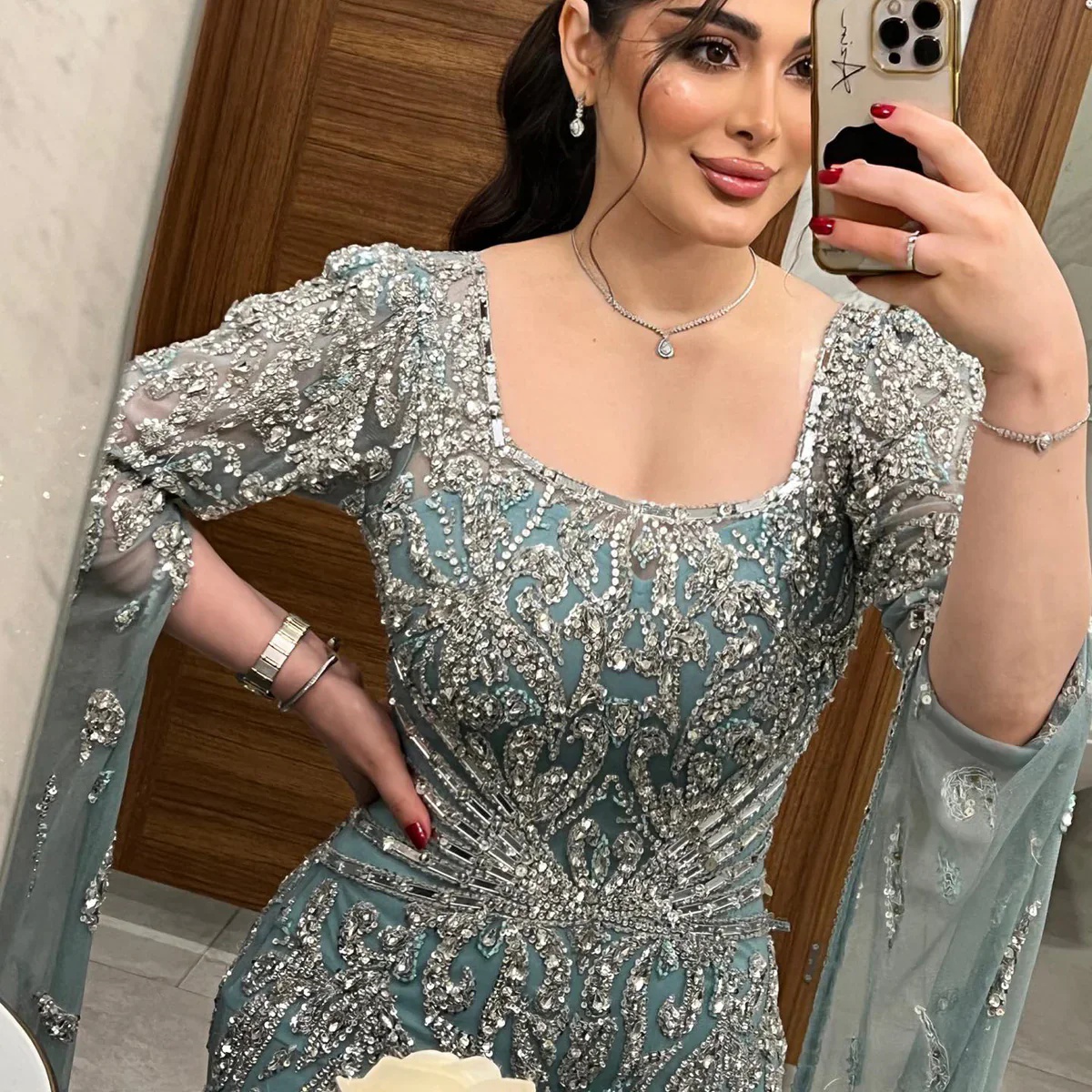 Arabic Turquoise Evening Dress With Cape Sleeves Elegant Sqaure Neck Dubai Women Weddings Prom Party Gowns 0107