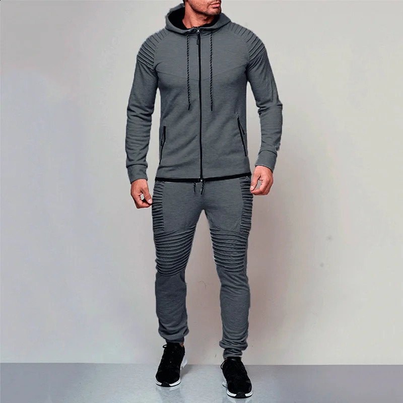 2-piece mens track suit autumn hooded sweatshirtdrawstring pants mens striped patchwork work hooded sweatshirt Bigsweet 240827