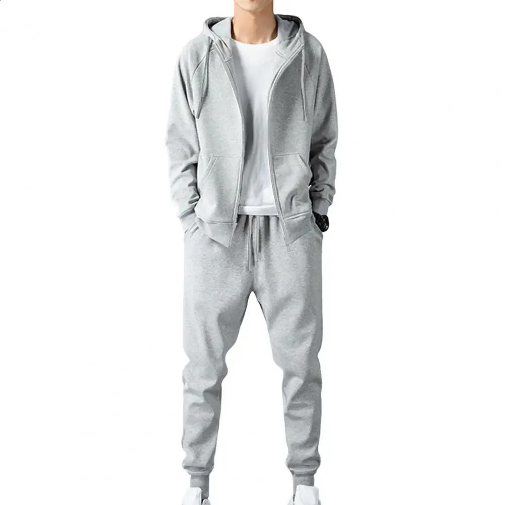1 Set Men Hoodie Pants Solid Color Ribbed Cuff Jogger Suit Autumn Winter Loose Fit Sweatshirt Sweatpants Sportswear Set 240816