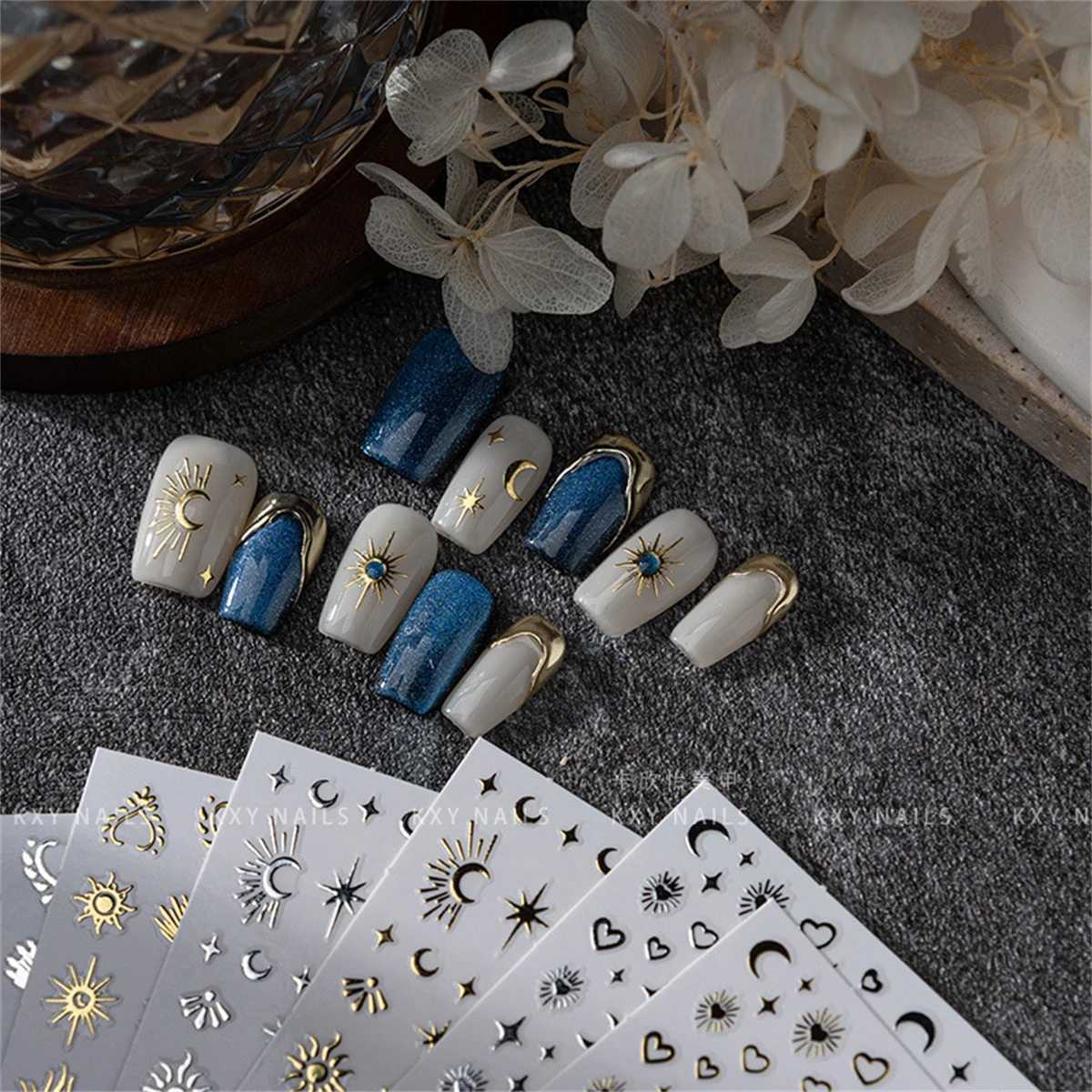 Random 5pcs Gold Silver Nail Art Decal Stickers Mixed Shapes Design Self-adhesive Sticker Acrylic Manicure Decorations AccessoryXJ240814