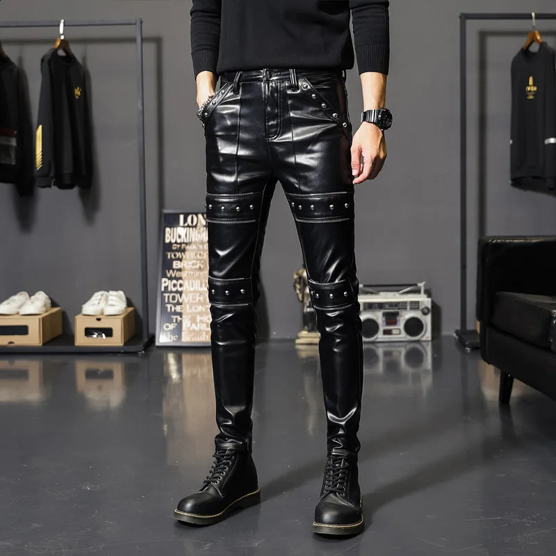 Idopy Mens Artificial Leather Pants Punk Style Tight Party Stage Performance Stud Nightclub Steampunk PU Trouser with Rivet 240816