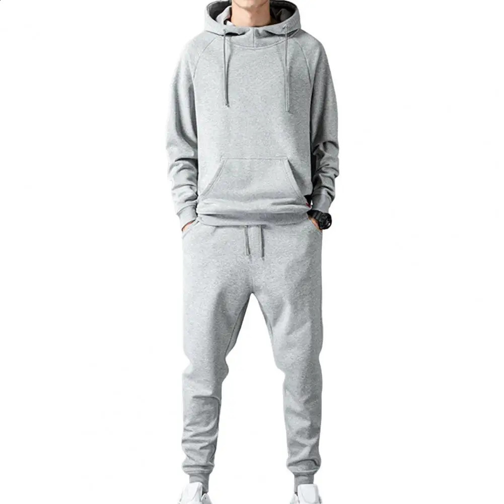 1 Set Men Hoodie Pants Solid Color Ribbed Cuff Jogger Suit Autumn Winter Loose Fit Sweatshirt Sweatpants Sportswear Set 240816