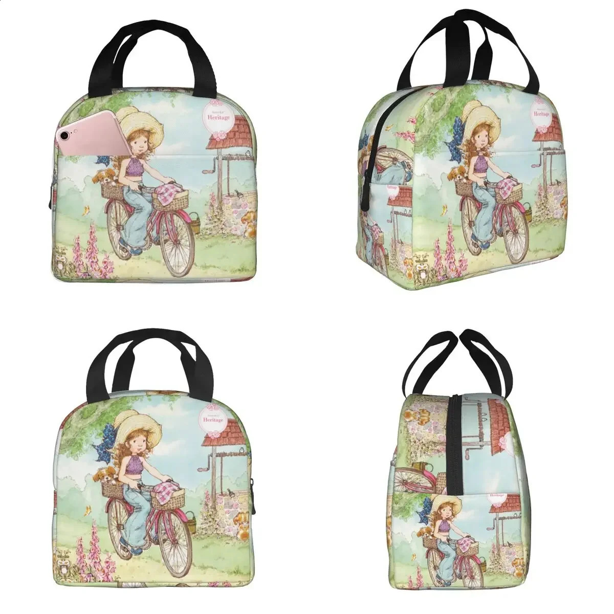 Cute Sarah Kay Girl Bike Ride Lunch Boxes Accessories Cartoon Village Life Thermal Cold Food Picnic Travel Lunch Bag Insulated 240816