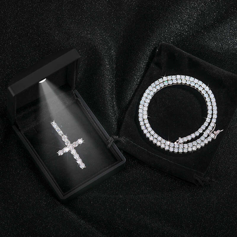 Pass Tester Sterling Sier VVS Moissanite Diamond Ankh Cross Pendant 4mm Tennis Chain Necklace Jewelry Set