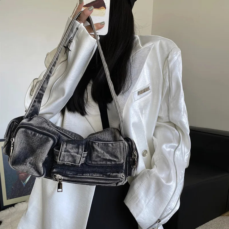 Women Denim Crossbody Bag Casual Large Capacity Shoulder Bag Vintage Solid Color Messenger Bag Multi-Pockets Zipper Commute Bag 240816