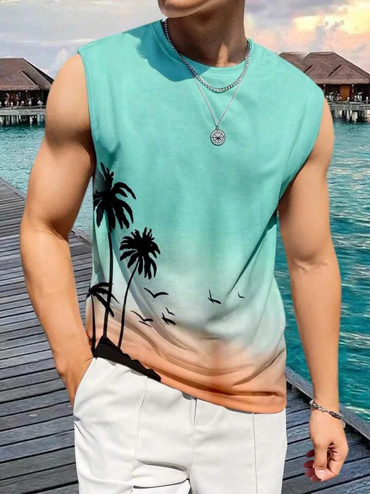 Hawaiian style palm tree vest mens summer casual sleeveless T-shirt mens holiday beach party casual top 240816