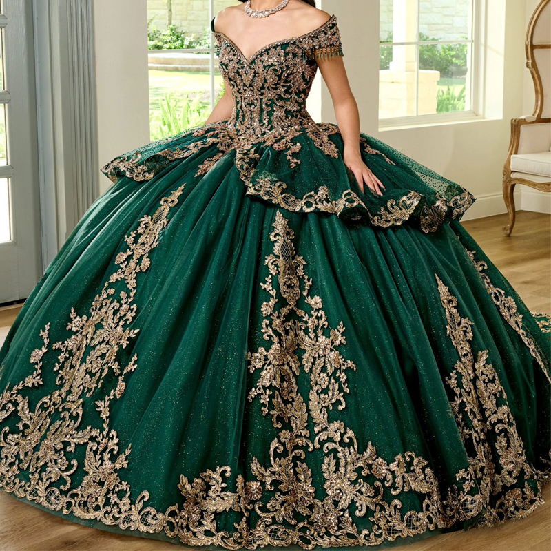 Green Emerald Shiny Princess Ball Gown Quinceanera Dresses Mexico Gold Appliques Lace Beads Birthday Party For Th Girls D