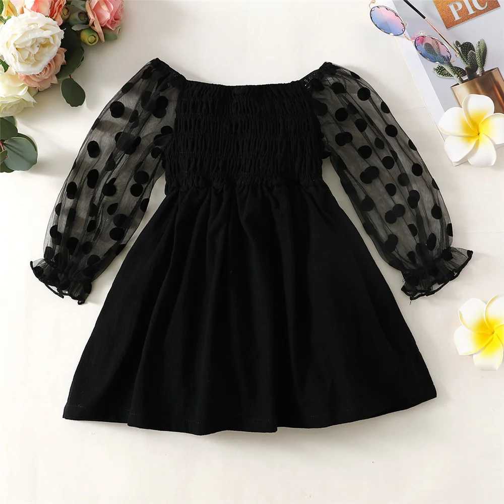 1-6 Year Baby Girl Fashion Off the Shoulder Black Mesh Long Sleeved Dress for Spring Autumn Par Photography Skirt OutfitsXJ241206