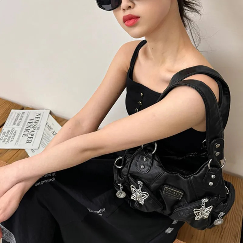 JIAERDI Retro Black Messenger Bag Purse Women Subculture Girls Butterfly Leather Y2k Handbag Female Vintage Crossbody Bags 240816