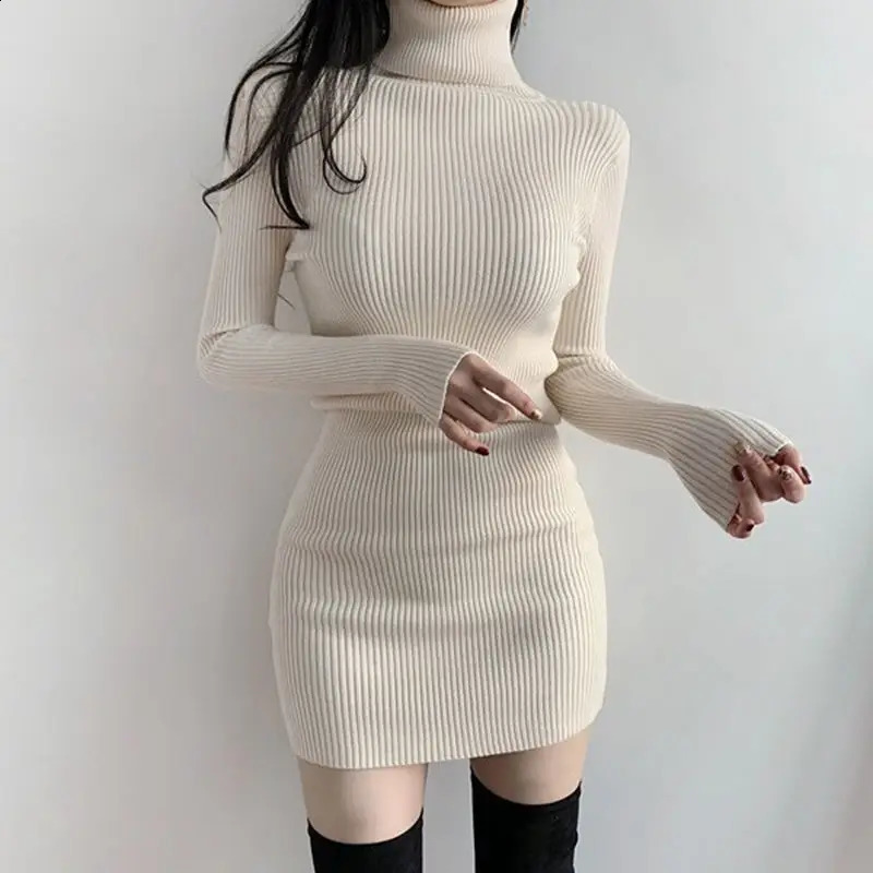 Solid Female Dress Short Extreme Mini Sexy Daring Turtleneck Crochet Womens Dresses Knit Clothing Bodycon Korean Fashion Cotton 240816